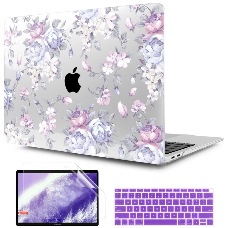TWOLSKOO Transparent Hard Plastic Case Silicone Keyboard Cover Screen Protecor Compatible with 2018-2021 MacBook Air 13 inch A1932 A2179 A2337 M1 Purple Peony - Image 1